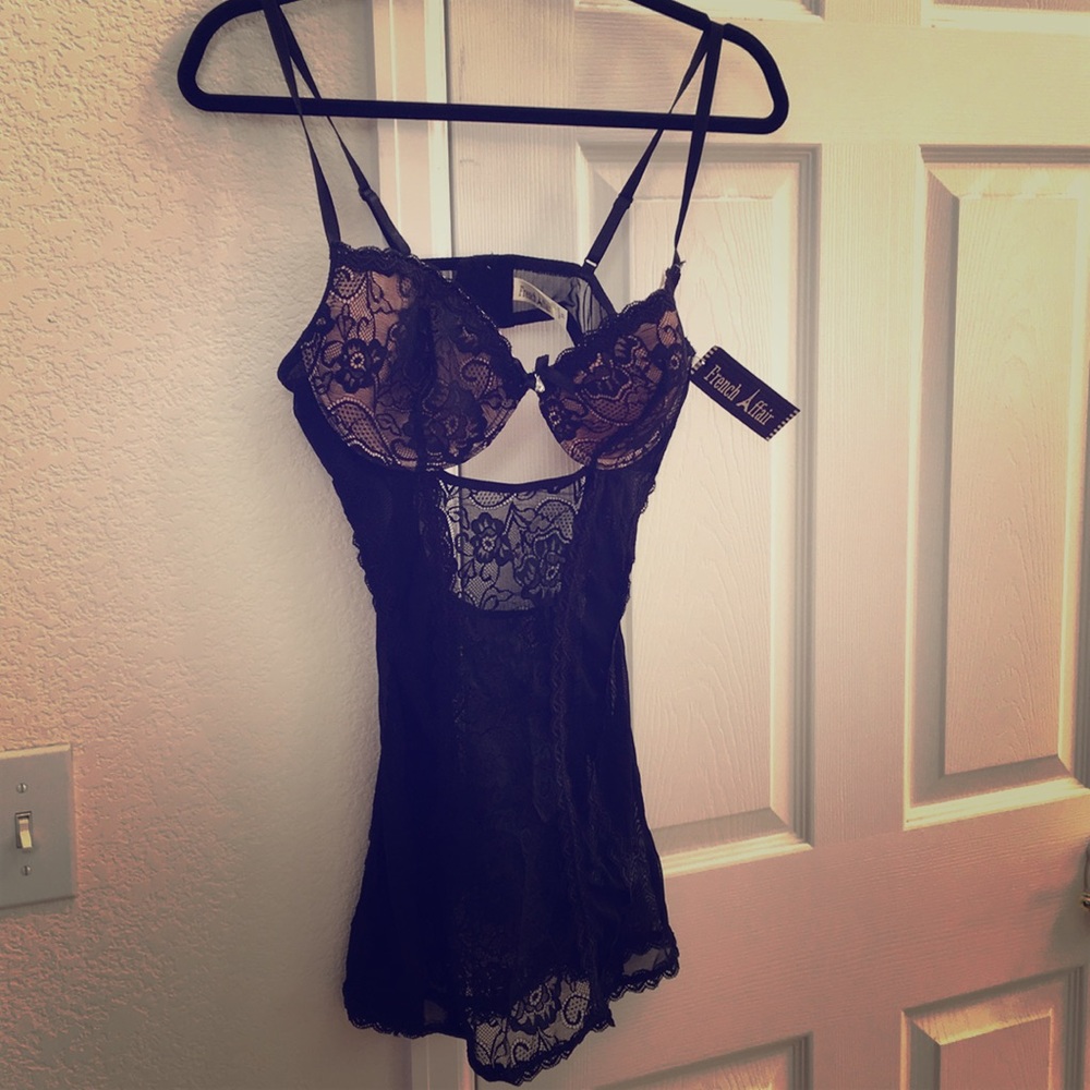 French Affair Nighty Black Lace & Nude